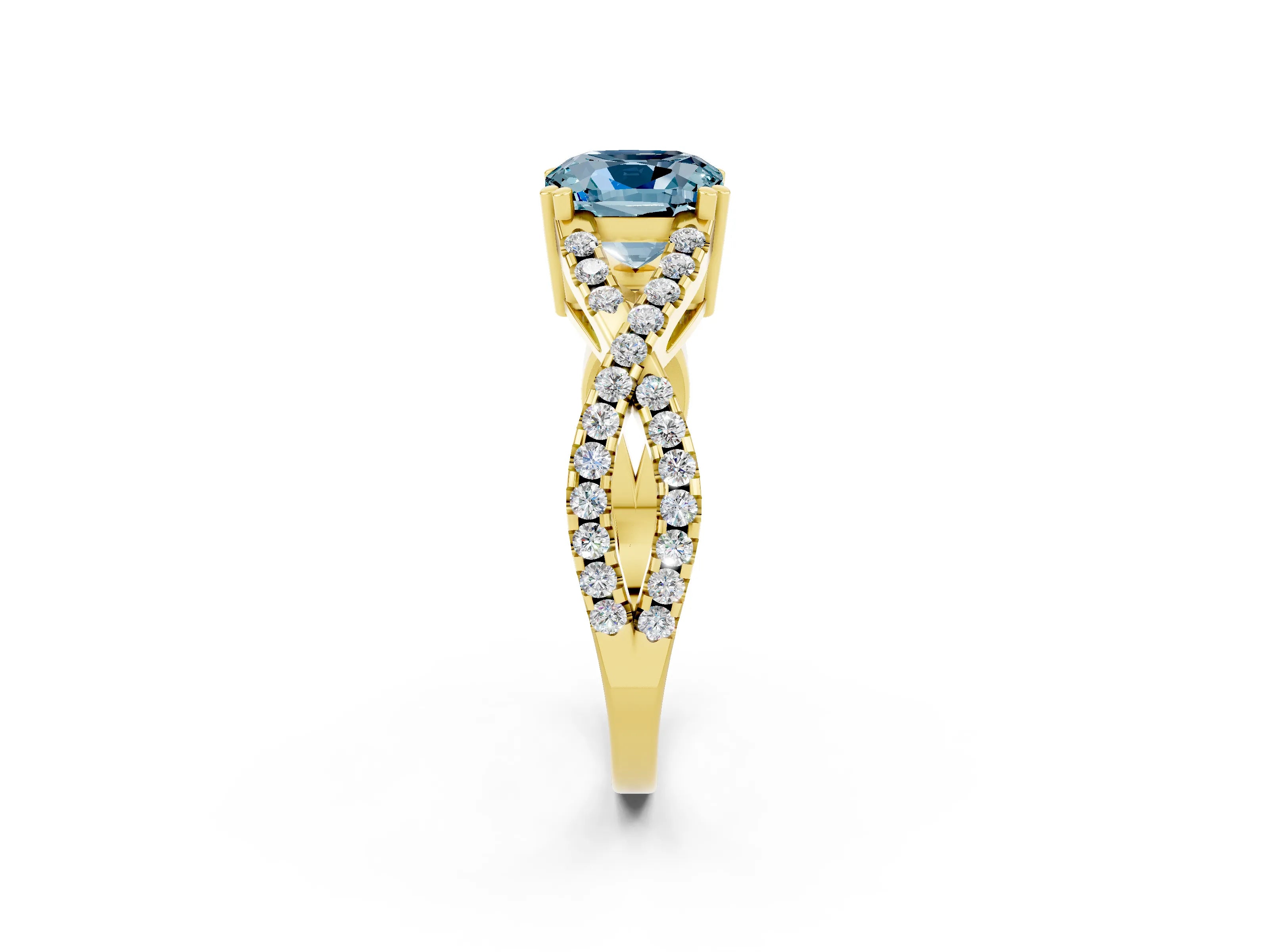 Yellow gold Cushion Cut Aquamarine Solitaire Ring with Four-Prong Setting and Twisted Pavé Band_2