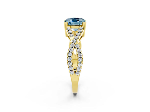 Yellow gold Cushion Cut Aquamarine Solitaire Ring with Four-Prong Setting and Twisted Pavé Band