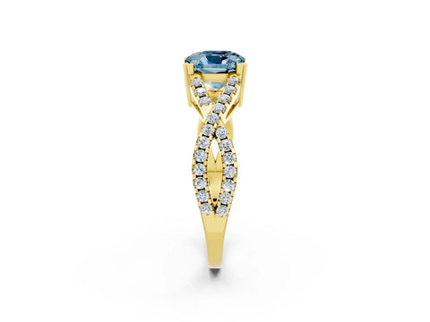 Yellow gold Cushion Cut Aquamarine Solitaire Ring with Four-Prong Setting and Twisted Pavé Band_2