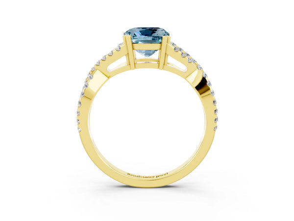 Yellow gold Cushion Cut Aquamarine Solitaire Ring with Four-Prong Setting and Twisted Pavé Band