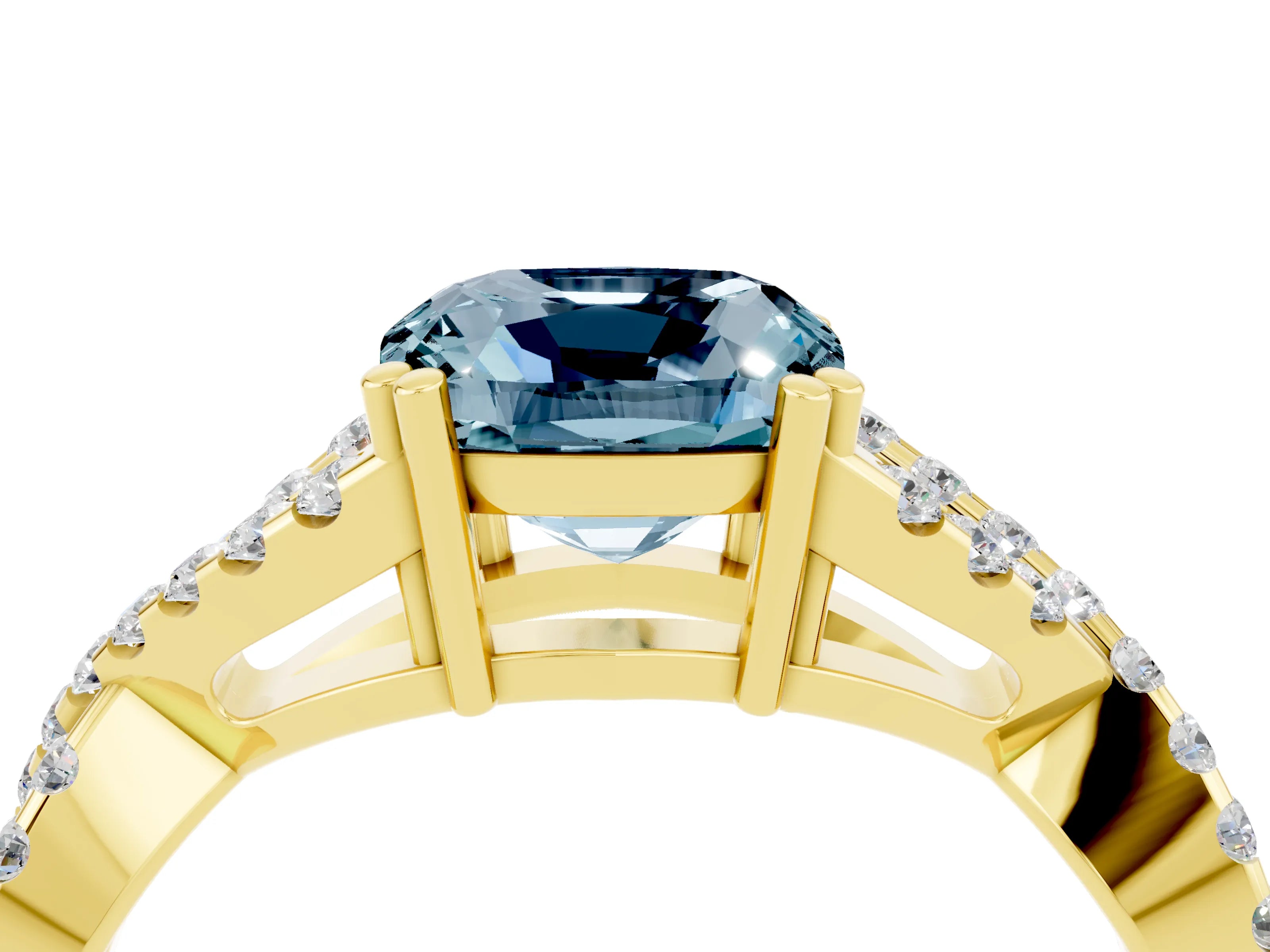Yellow gold Cushion Cut Aquamarine Solitaire Ring with Four-Prong Setting and Twisted Pavé Band_4