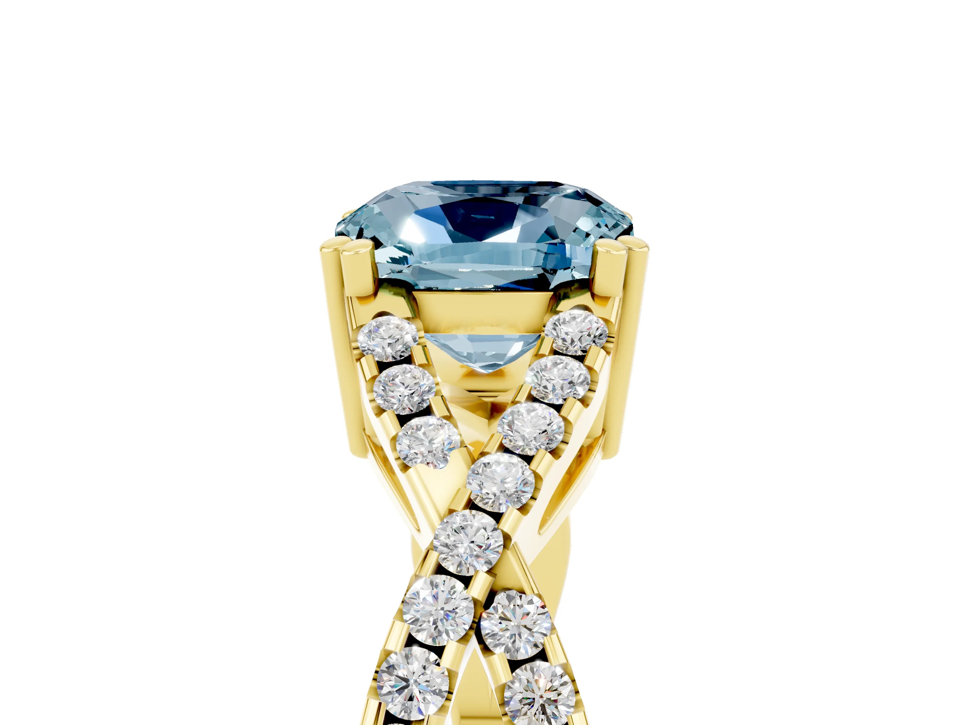 Yellow gold Cushion Cut Aquamarine Solitaire Ring with Four-Prong Setting and Twisted Pavé Band_5