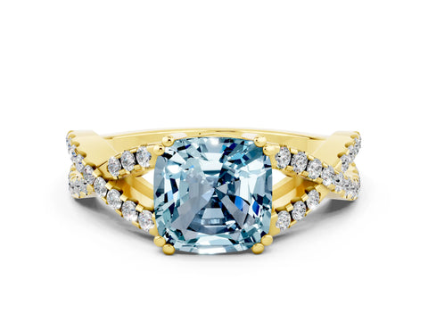 Yellow gold Cushion Cut Aquamarine Solitaire Ring with Four-Prong Setting and Twisted Pavé Band