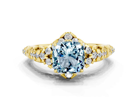 Yellow gold Cushion Cut Aquamarine Solitaire Ring with Hidden Halo and Pavé Band_12