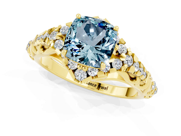 Yellow gold Cushion Cut Aquamarine Solitaire Ring with Hidden Halo and Pavé Band