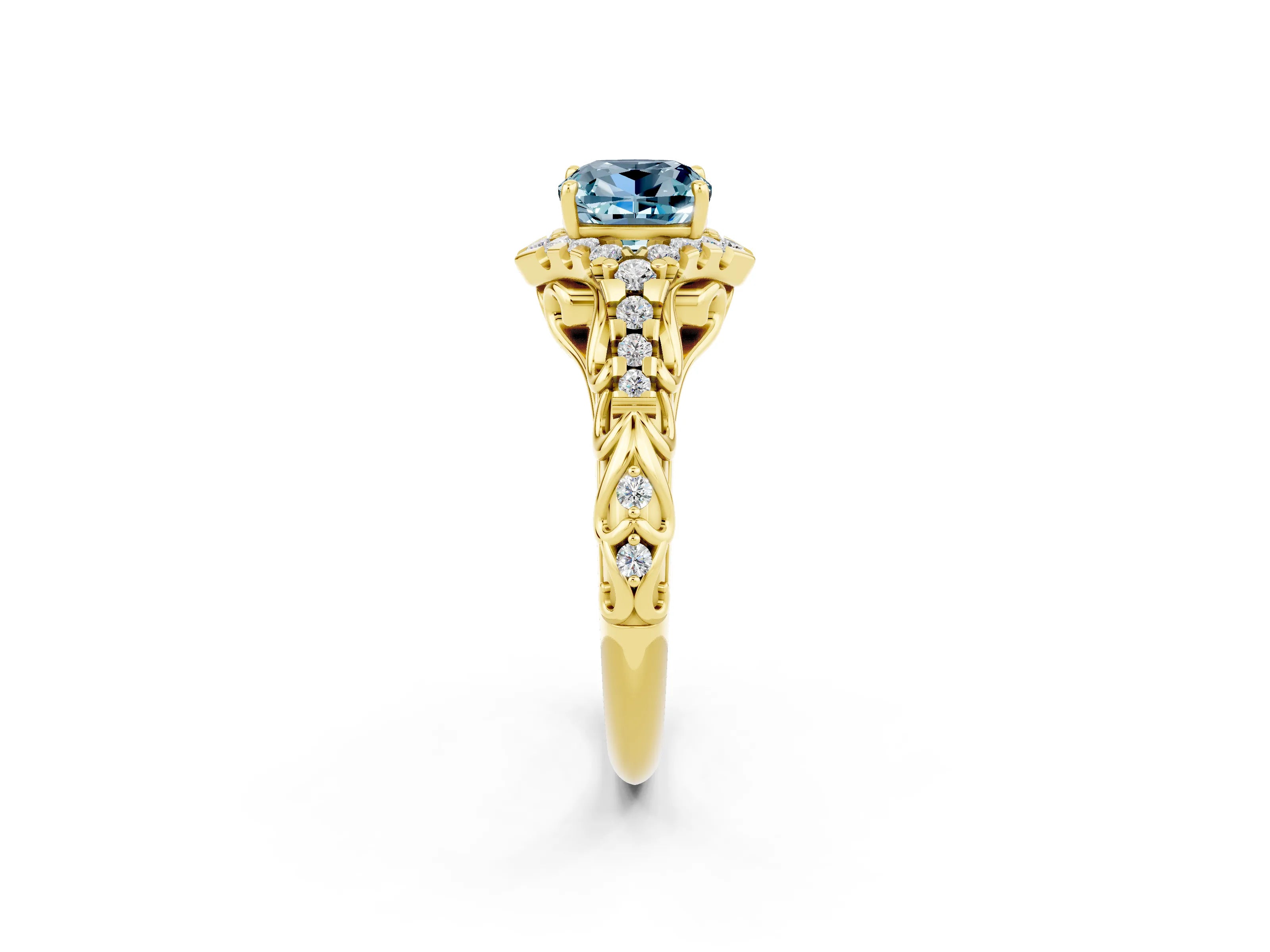 Yellow gold Cushion Cut Aquamarine Solitaire Ring with Hidden Halo and Pavé Band_14