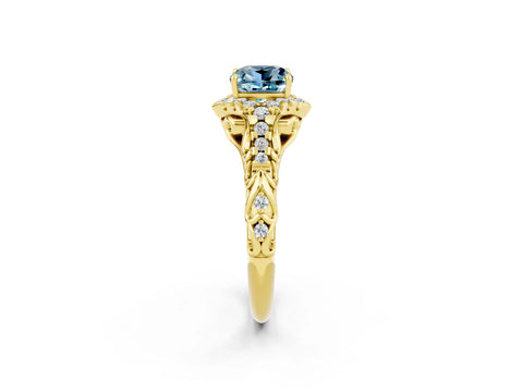 Yellow gold Cushion Cut Aquamarine Solitaire Ring with Hidden Halo and Pavé Band_14