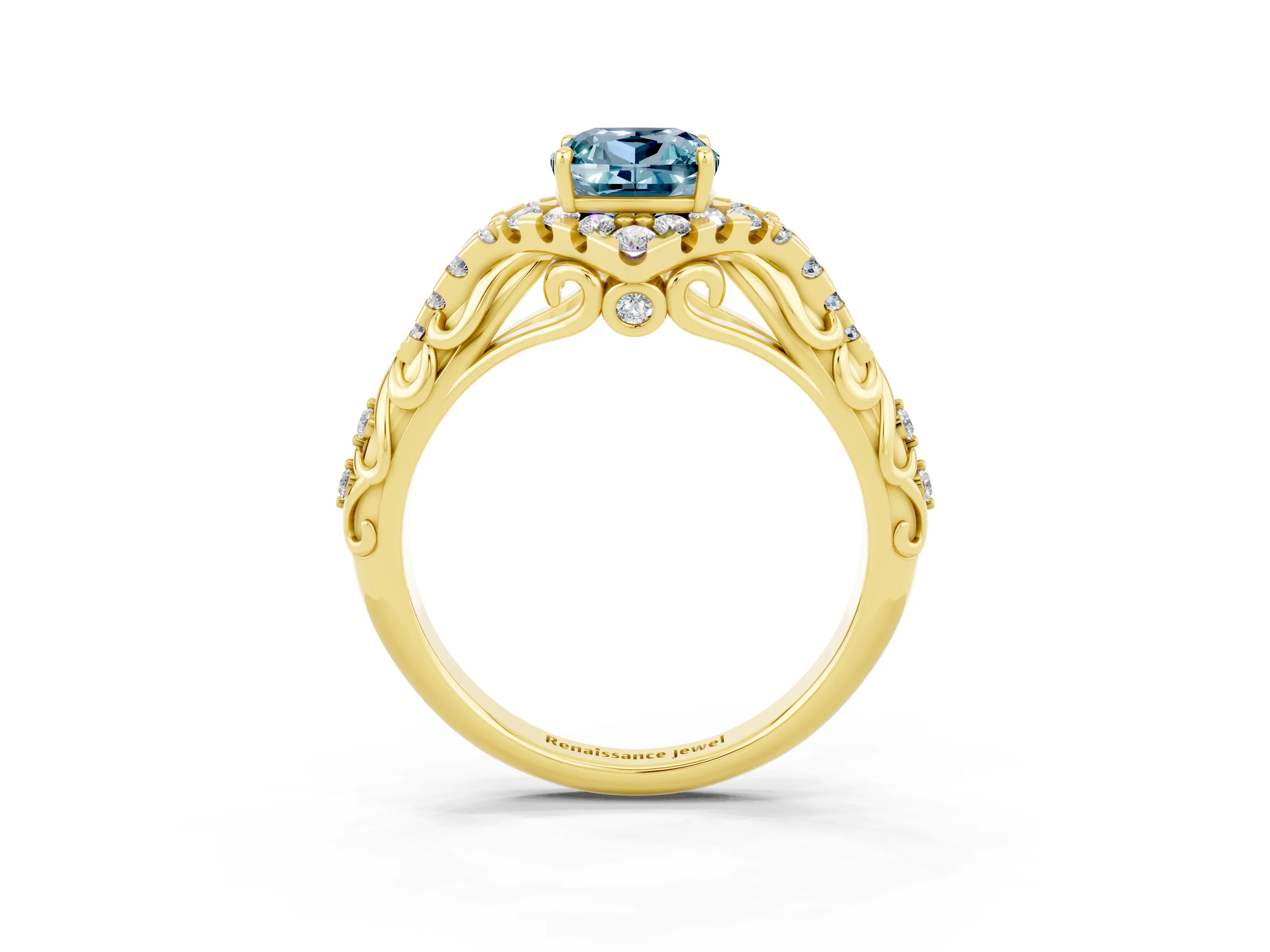 Yellow gold Cushion Cut Aquamarine Solitaire Ring with Hidden Halo and Pavé Band_15