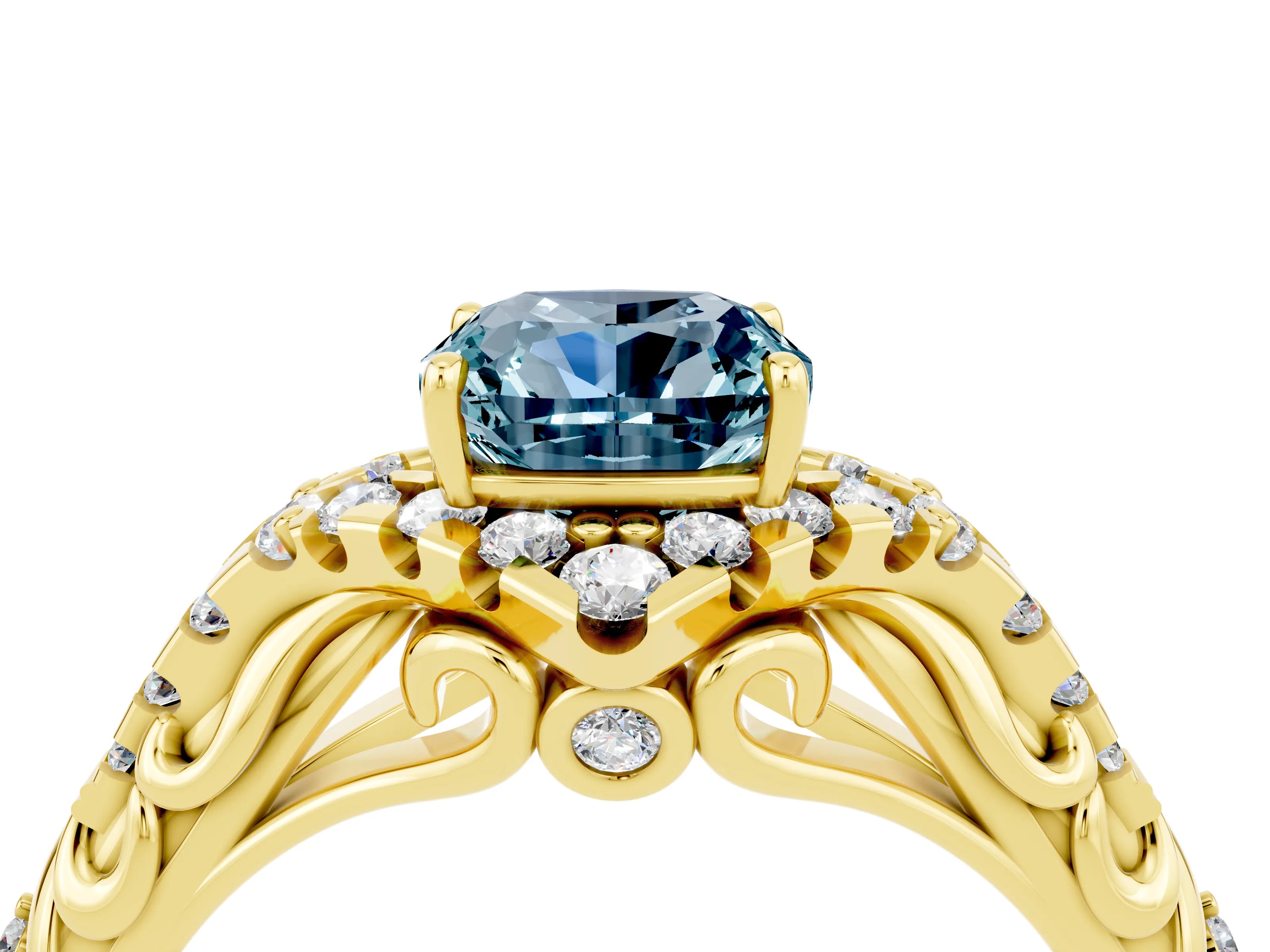 Yellow gold Cushion Cut Aquamarine Solitaire Ring with Hidden Halo and Pavé Band_16