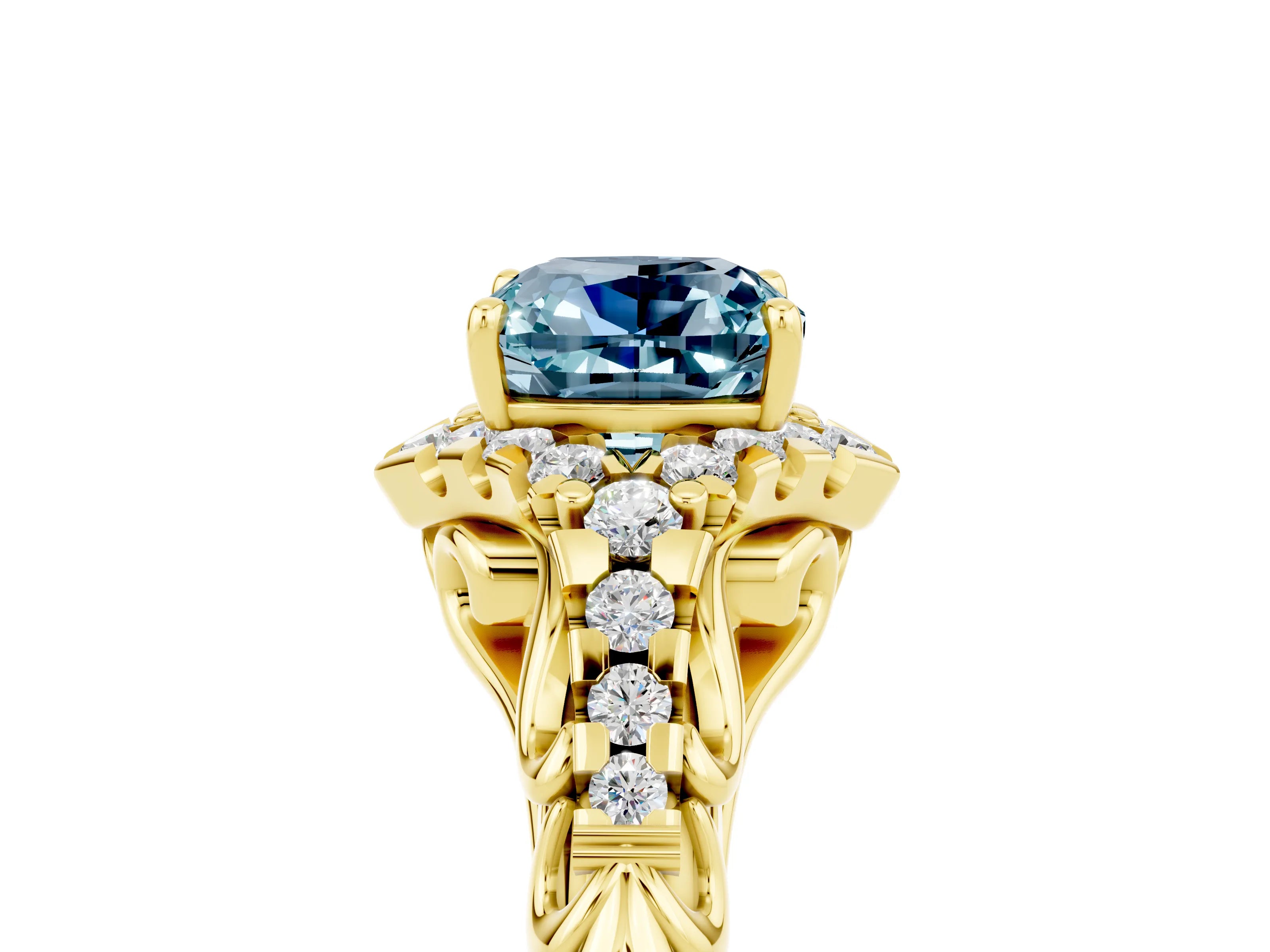Yellow gold Cushion Cut Aquamarine Solitaire Ring with Hidden Halo and Pavé Band_17