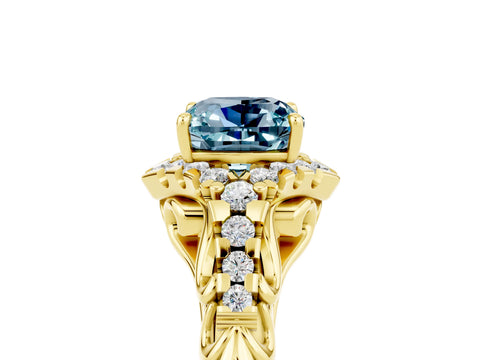 Yellow gold Cushion Cut Aquamarine Solitaire Ring with Hidden Halo and Pavé Band_17