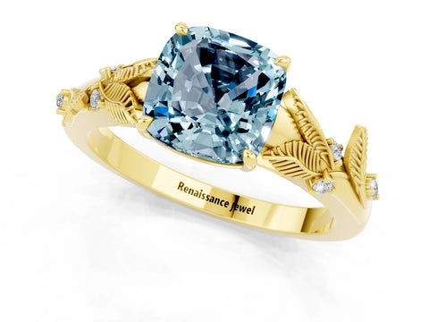 Yellow gold Cushion Cut Aquamarine Solitaire Ring with Leaf Motif Band and Four-Prong Setting_1