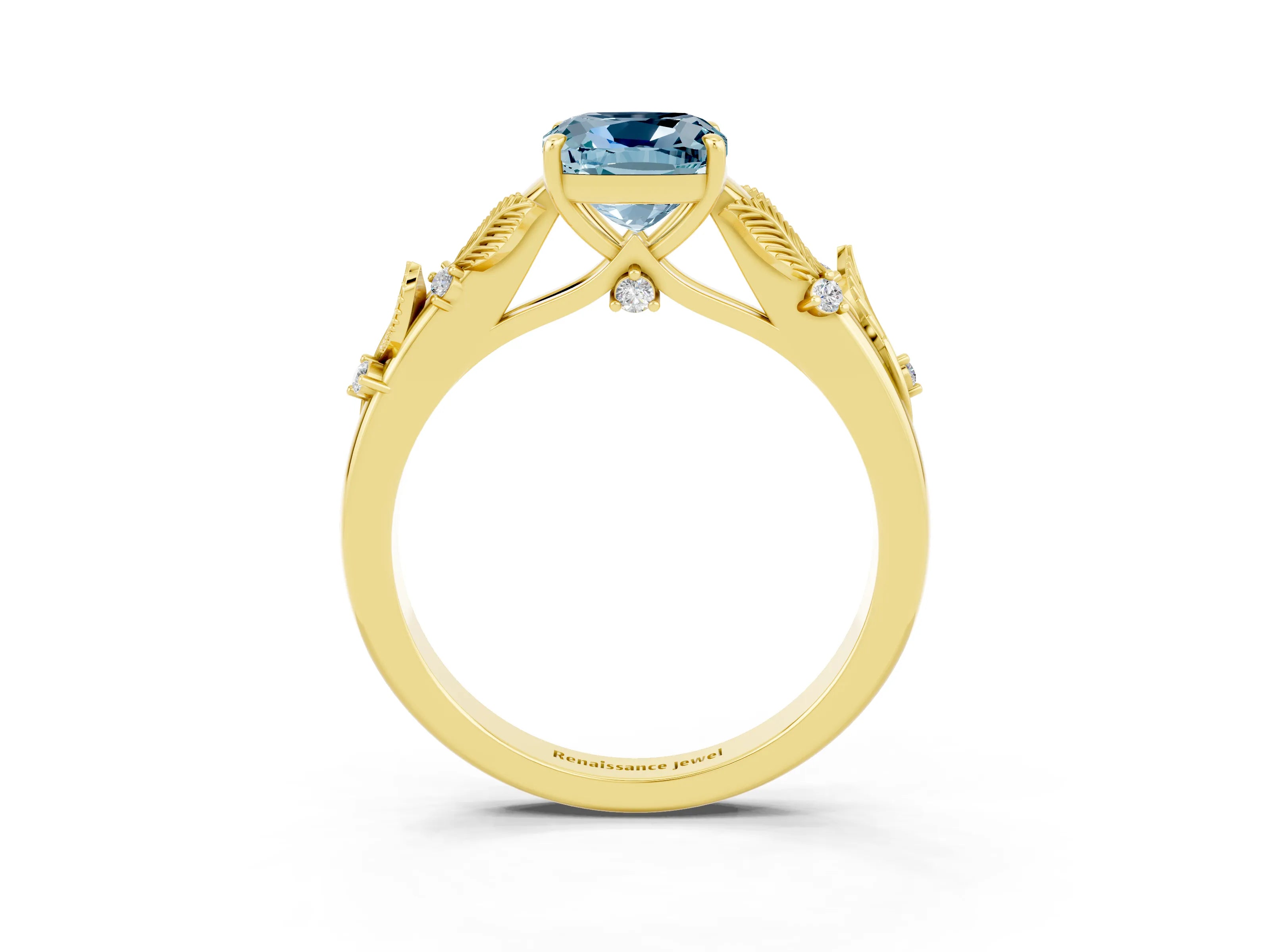 Yellow gold Cushion Cut Aquamarine Solitaire Ring with Leaf Motif Band and Four-Prong Setting_3