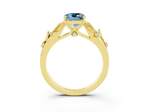 Yellow gold Cushion Cut Aquamarine Solitaire Ring with Leaf Motif Band and Four-Prong Setting_3
