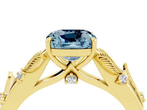 Yellow gold Cushion Cut Aquamarine Solitaire Ring with Leaf Motif Band and Four-Prong Setting_4