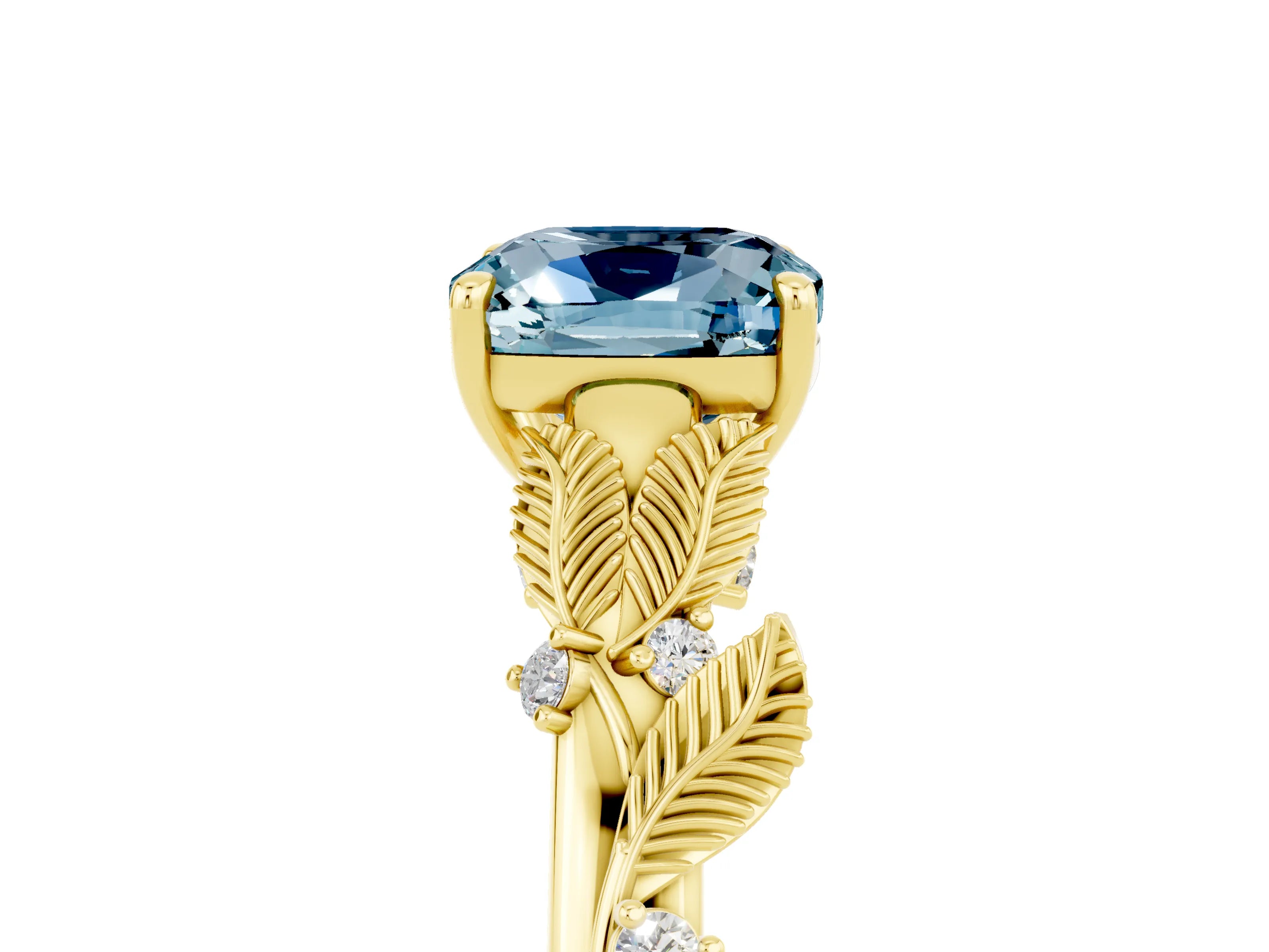 Yellow gold Cushion Cut Aquamarine Solitaire Ring with Leaf Motif Band and Four-Prong Setting_5