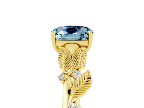 Yellow gold Cushion Cut Aquamarine Solitaire Ring with Leaf Motif Band and Four-Prong Setting_5
