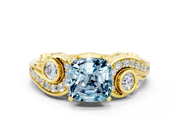 Yellow gold Cushion Cut Aquamarine Solitaire Ring with Milgrain Pavé Band and Four-Prong Setting