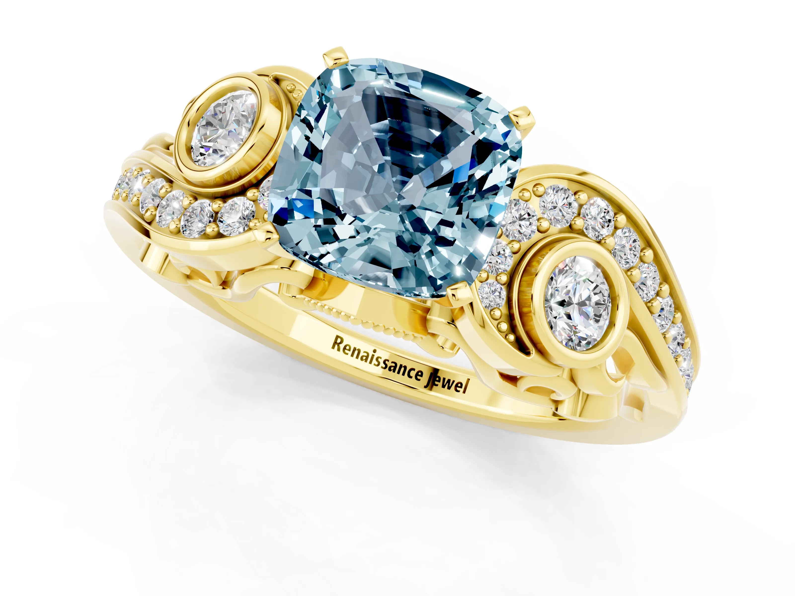 Yellow gold Cushion Cut Aquamarine Solitaire Ring with Milgrain Pavé Band and Four-Prong Setting_25