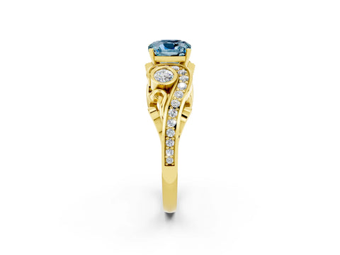 Yellow gold Cushion Cut Aquamarine Solitaire Ring with Milgrain Pavé Band and Four-Prong Setting_26