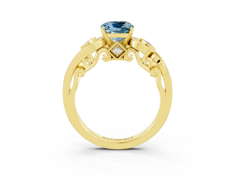 Yellow gold Cushion Cut Aquamarine Solitaire Ring with Milgrain Pavé Band and Four-Prong Setting_27
