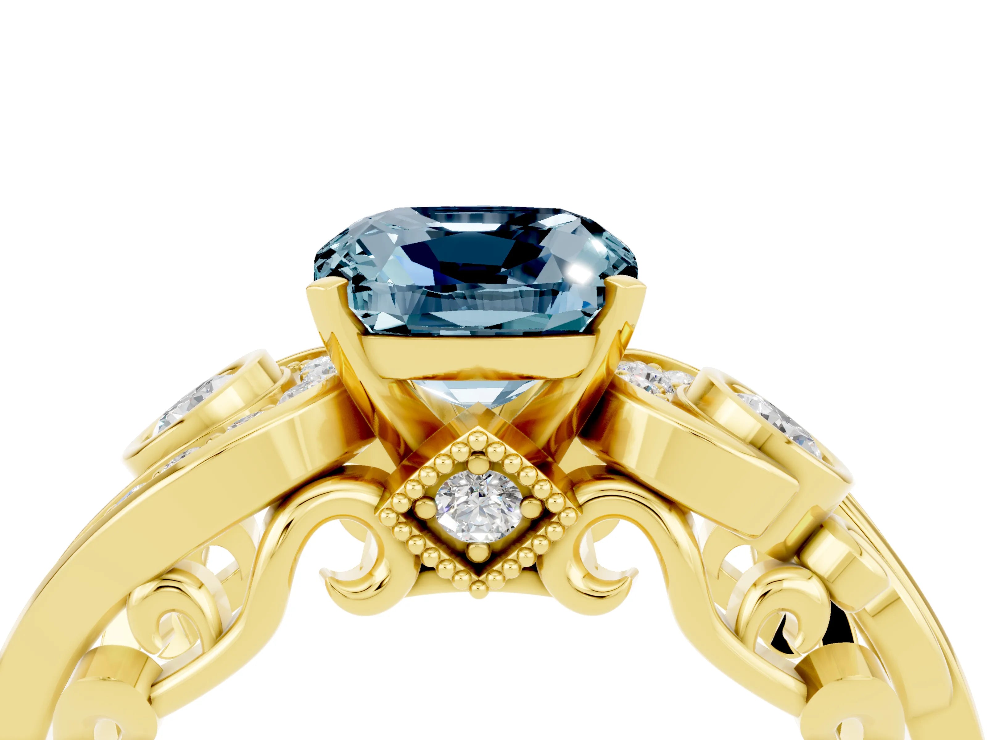 Yellow gold Cushion Cut Aquamarine Solitaire Ring with Milgrain Pavé Band and Four-Prong Setting_28