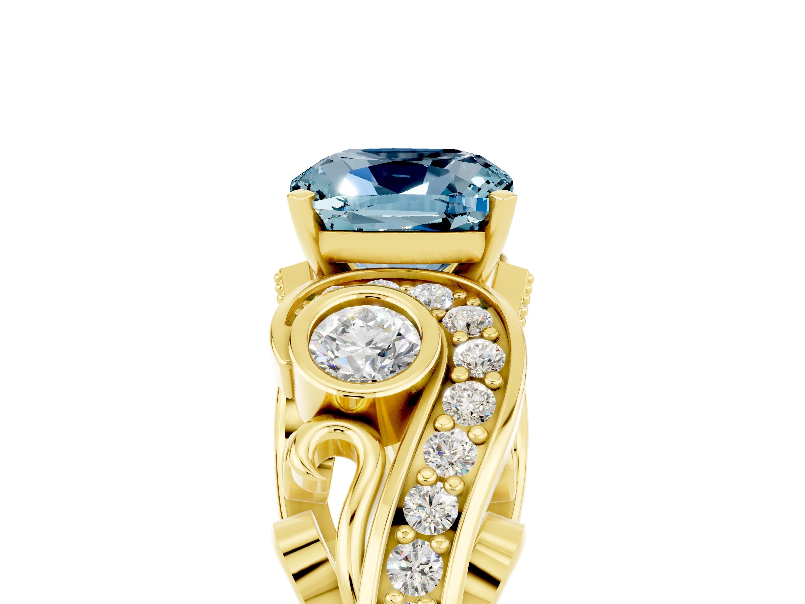 Yellow gold Cushion Cut Aquamarine Solitaire Ring with Milgrain Pavé Band and Four-Prong Setting_29