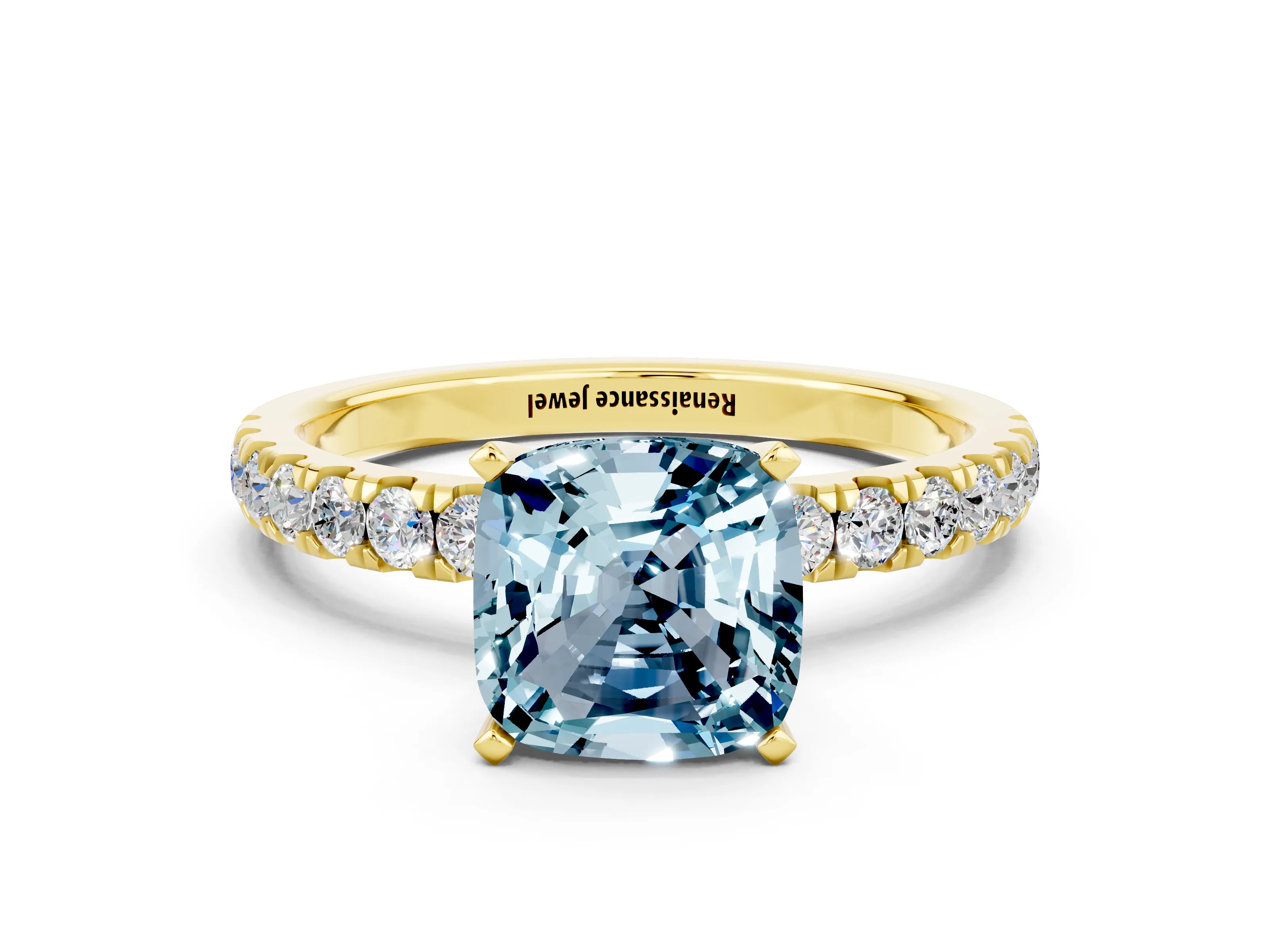Yellow gold Cushion Cut Aquamarine Solitaire Ring with Pavé Accents and Four-Prong Setting