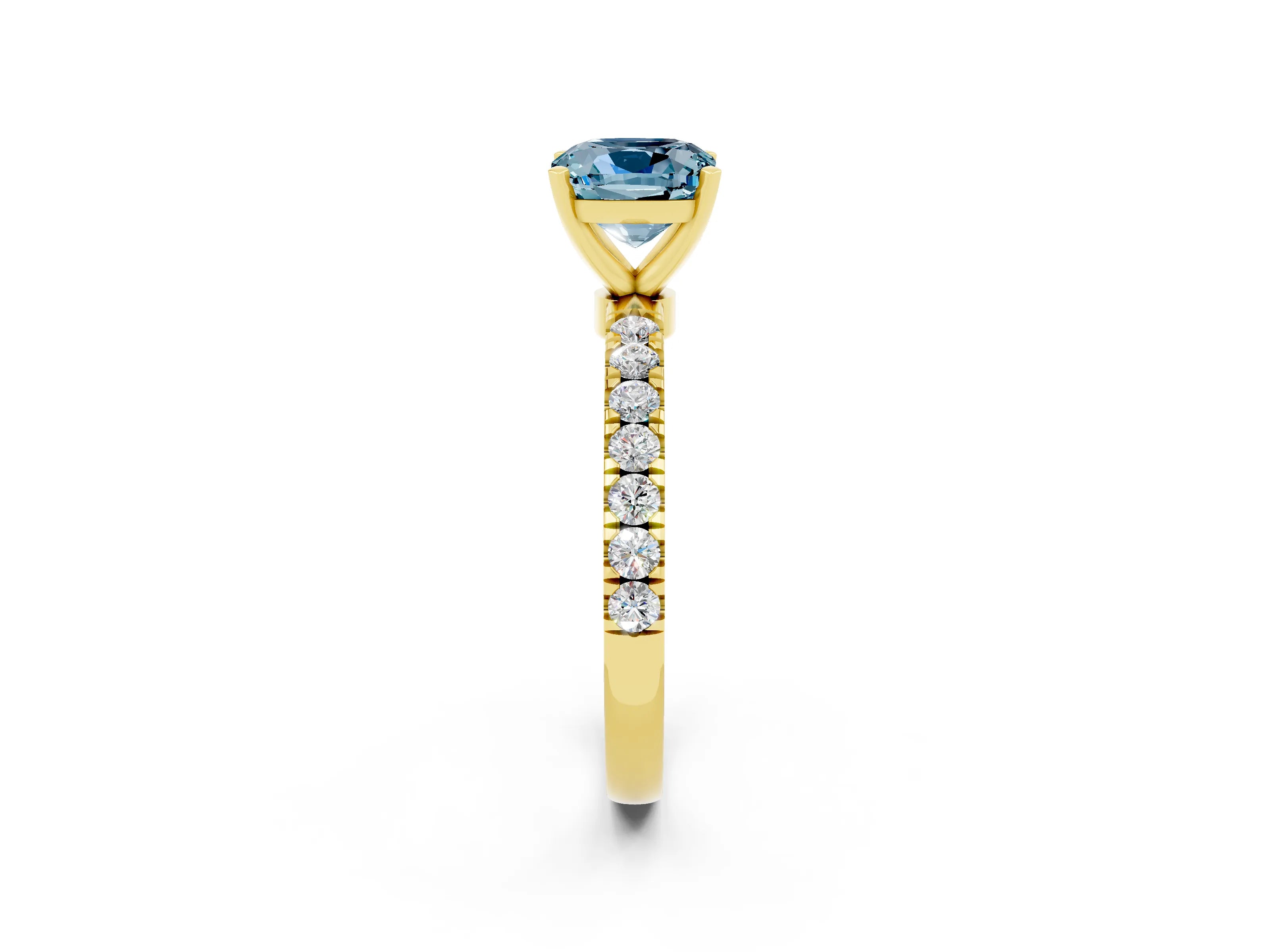 Yellow gold Cushion Cut Aquamarine Solitaire Ring with Pavé Accents and Four-Prong Setting_2