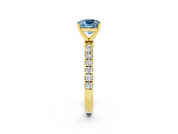 Yellow gold Cushion Cut Aquamarine Solitaire Ring with Pavé Accents and Four-Prong Setting