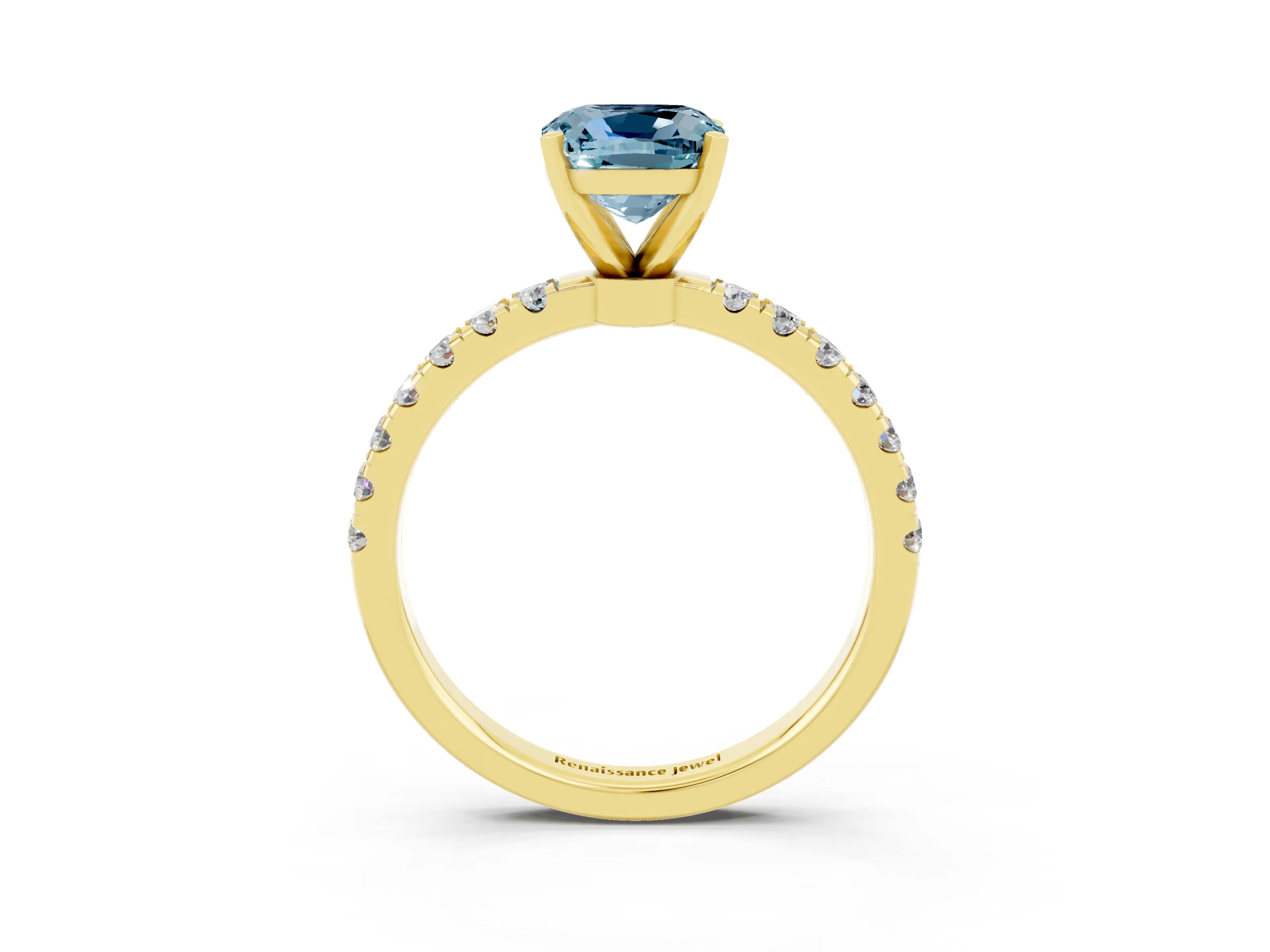 Yellow gold Cushion Cut Aquamarine Solitaire Ring with Pavé Accents and Four-Prong Setting_3