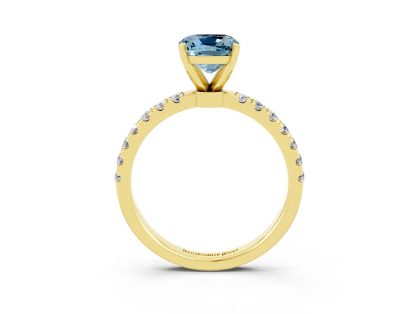 Yellow gold Cushion Cut Aquamarine Solitaire Ring with Pavé Accents and Four-Prong Setting