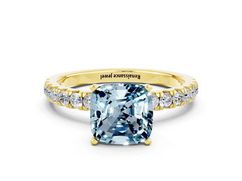 Yellow gold Cushion Cut Aquamarine Solitaire Ring with Pavé Accents and Four-Prong Setting