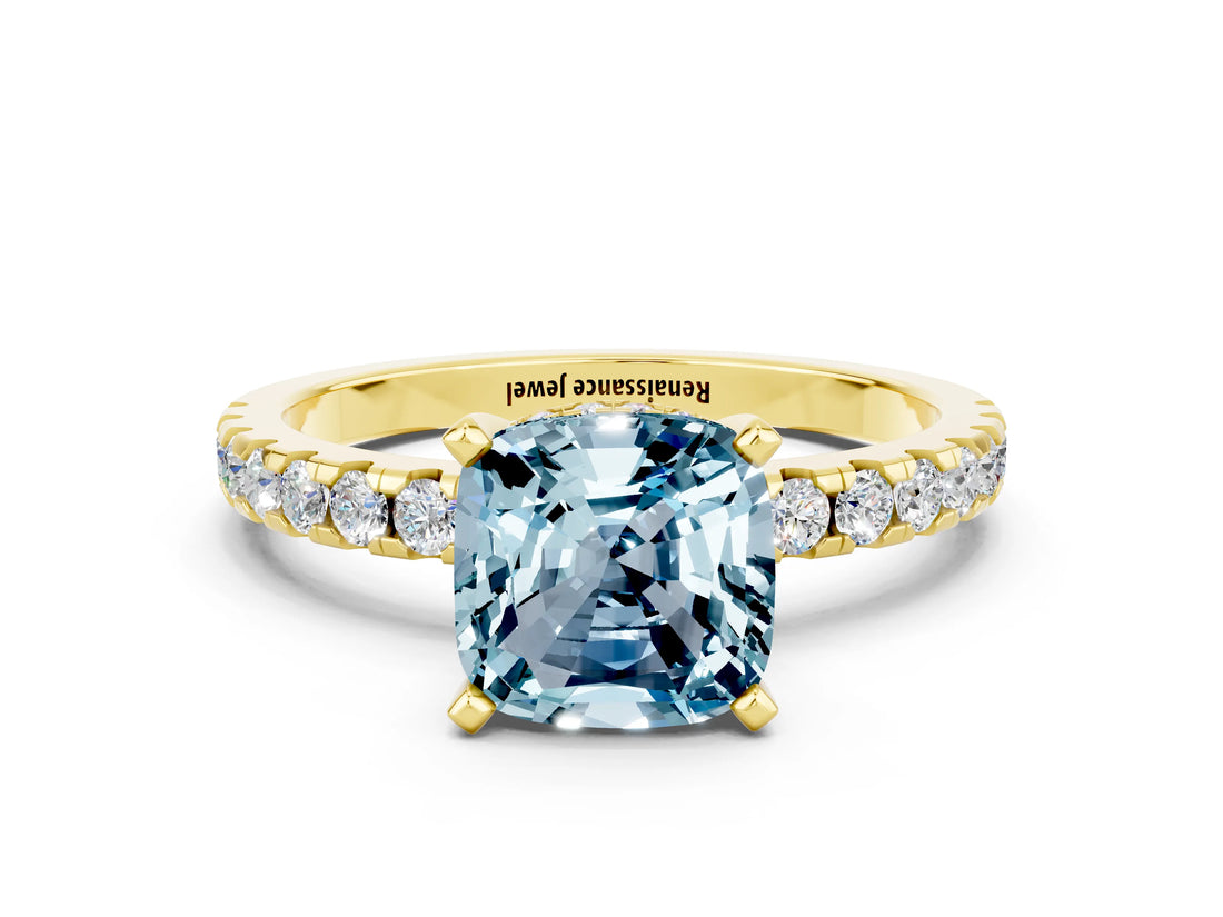 Yellow gold Cushion Cut Aquamarine Solitaire Ring with Pavé Band and Four-Prong Setting_24