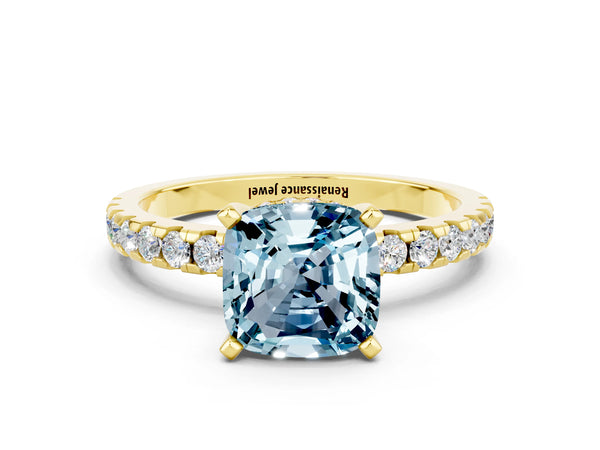 Yellow gold Cushion Cut Aquamarine Solitaire Ring with Round  Pavé Band and Four-Prong Setting