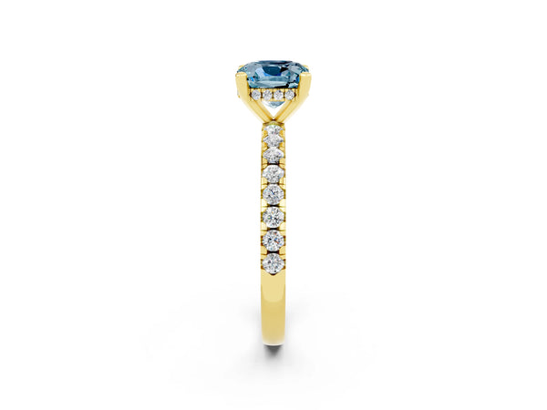 Yellow gold Cushion Cut Aquamarine Solitaire Ring with Round  Pavé Band and Four-Prong Setting