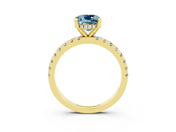 Yellow gold Cushion Cut Aquamarine Solitaire Ring with Round  Pavé Band and Four-Prong Setting