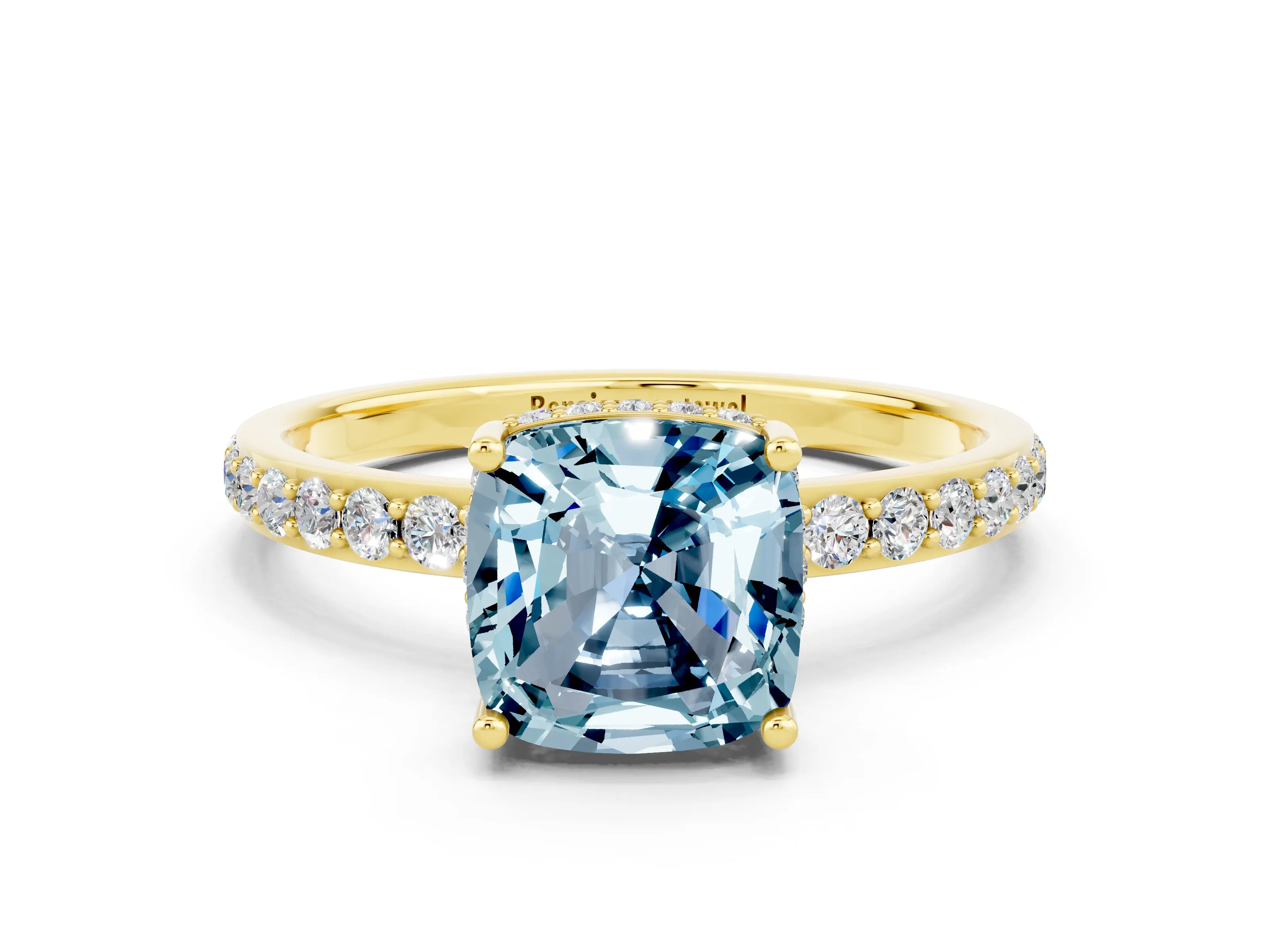 Yellow gold Cushion Cut Aquamarine Solitaire Ring with Pavé Band and Hidden Halo_12