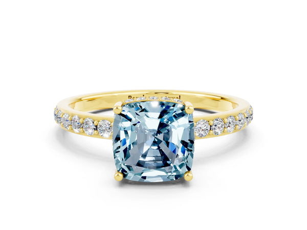 Yellow gold Cushion Cut Aquamarine Solitaire Ring with Pavé Band and Hidden Halo