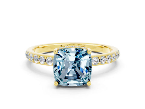 Yellow gold Cushion Cut Aquamarine Solitaire Ring with Pavé Band and Hidden Halo_12