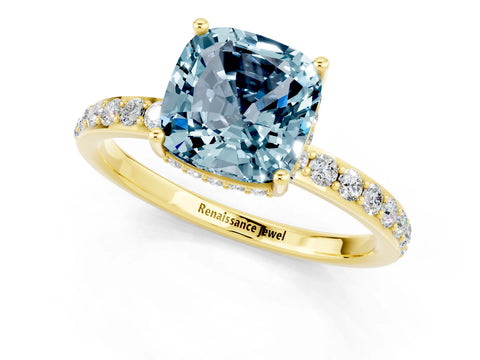 Yellow gold Cushion Cut Aquamarine Solitaire Ring with Pavé Band and Hidden Halo_13