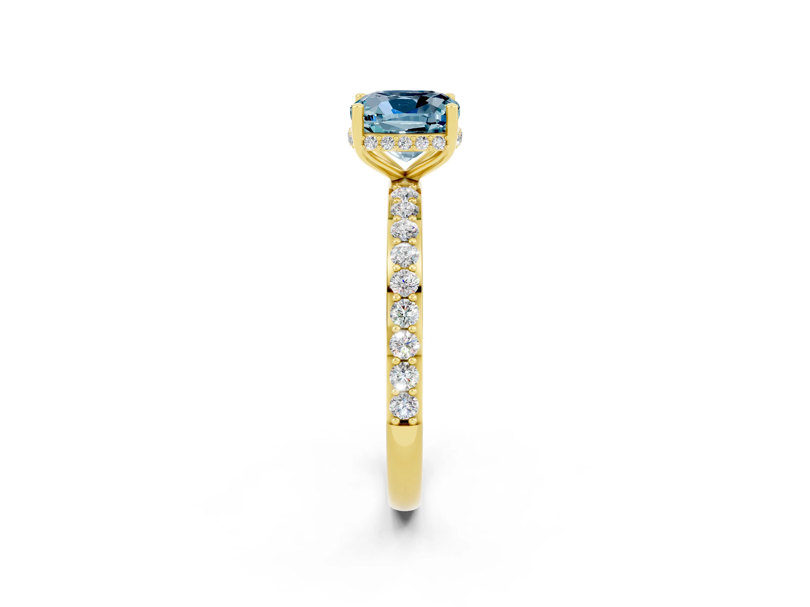 Yellow gold Cushion Cut Aquamarine Solitaire Ring with Pavé Band and Hidden Halo_14