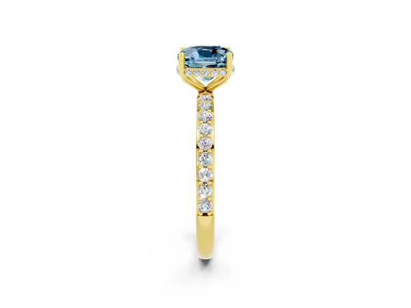 Yellow gold Cushion Cut Aquamarine Solitaire Ring with Pavé Band and Hidden Halo