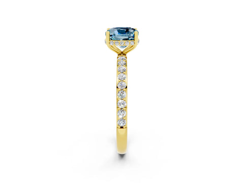 Yellow gold Cushion Cut Aquamarine Solitaire Ring with Pavé Band and Hidden Halo_14