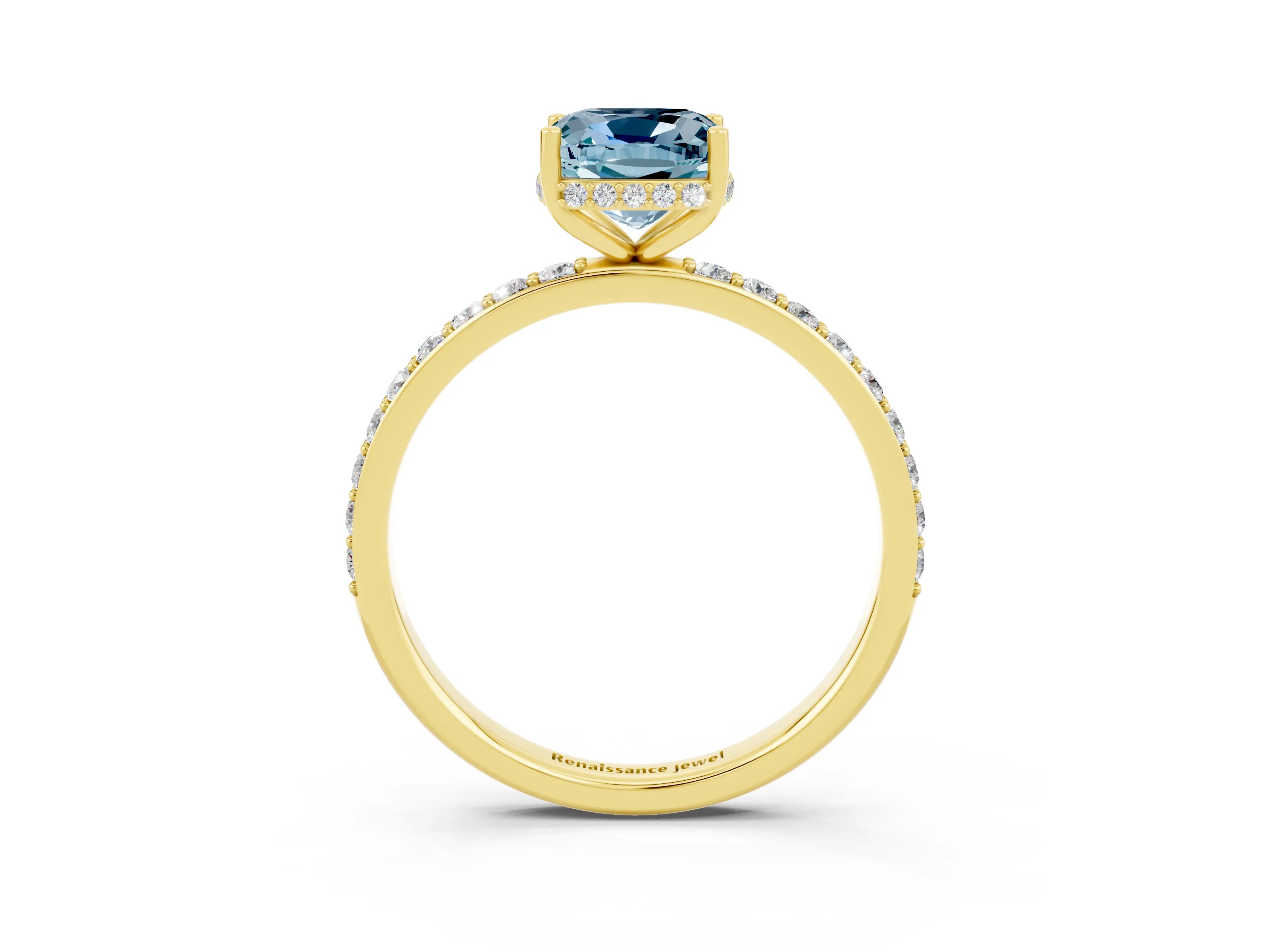 Yellow gold Cushion Cut Aquamarine Solitaire Ring with Pavé Band and Hidden Halo_15