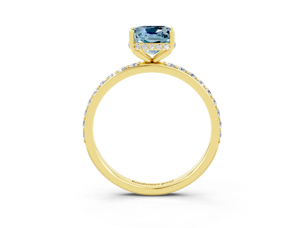 Yellow gold Cushion Cut Aquamarine Solitaire Ring with Pavé Band and Hidden Halo