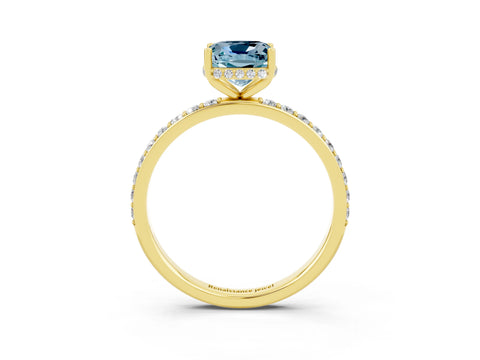 Yellow gold Cushion Cut Aquamarine Solitaire Ring with Pavé Band and Hidden Halo_15