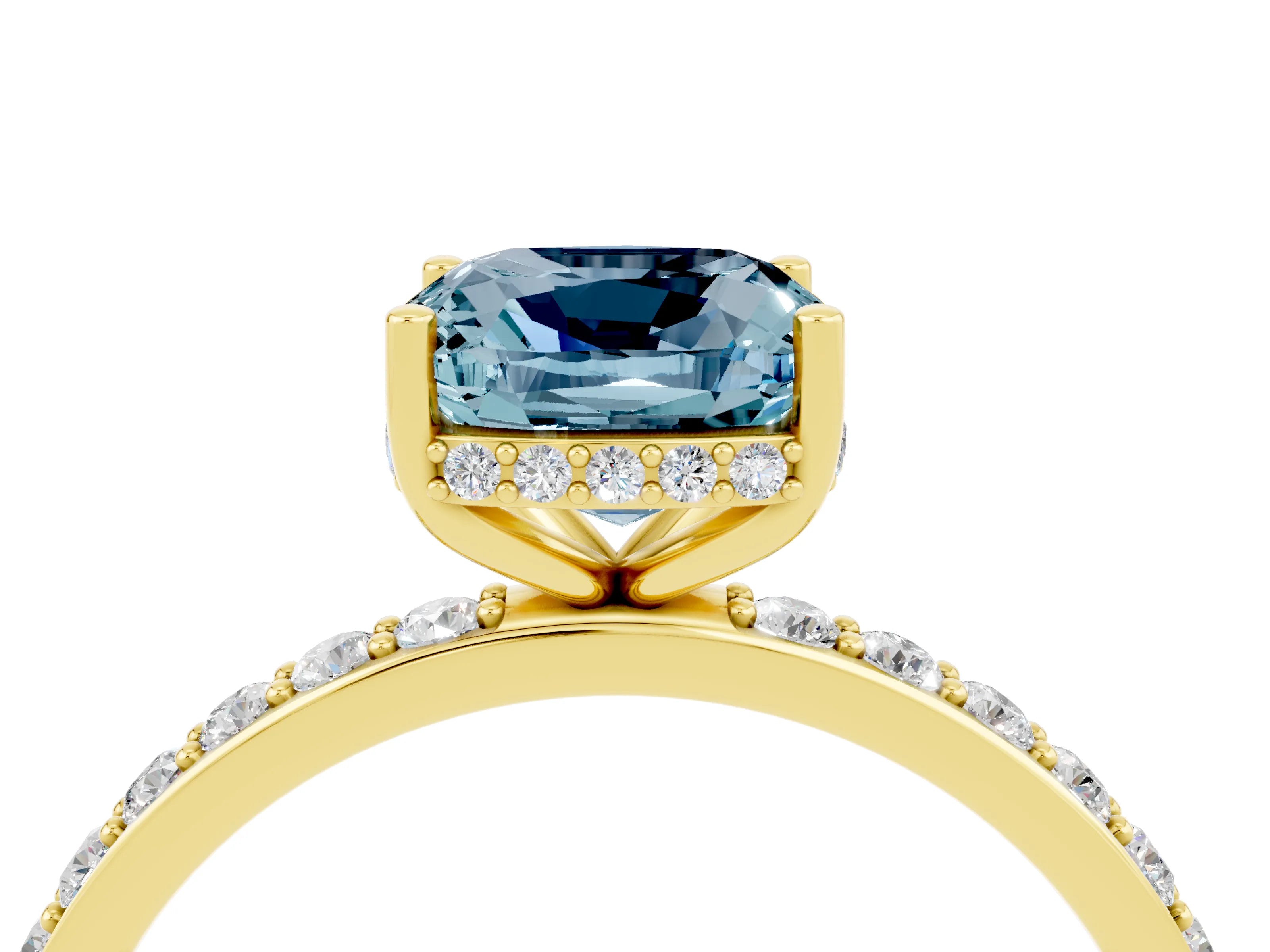 Yellow gold Cushion Cut Aquamarine Solitaire Ring with Pavé Band and Hidden Halo_16