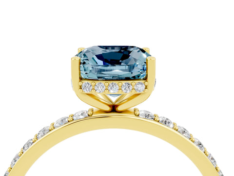 Yellow gold Cushion Cut Aquamarine Solitaire Ring with Pavé Band and Hidden Halo_16