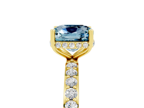 Yellow gold Cushion Cut Aquamarine Solitaire Ring with Pavé Band and Hidden Halo_17